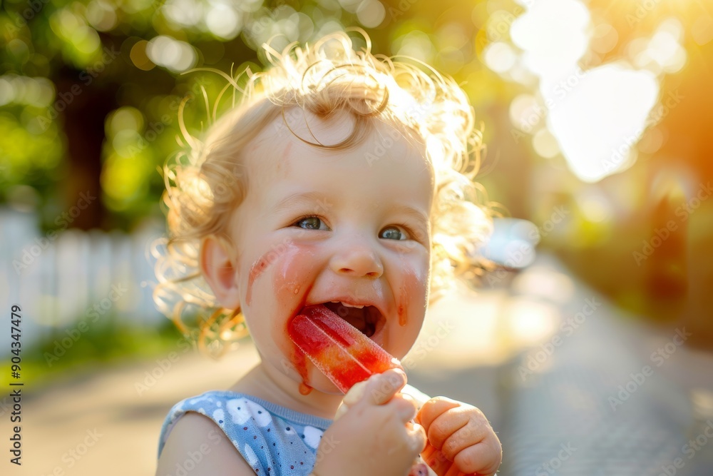 Close-up of cute blond curly-haired girl nice expression. Ice cream makes this child's day. Essence of childhood curiosity and wonder. Close-up of cute blond curly-haired girl nice expression. Ice cream makes this child's day. Essence of childhood curiosity and wonder.