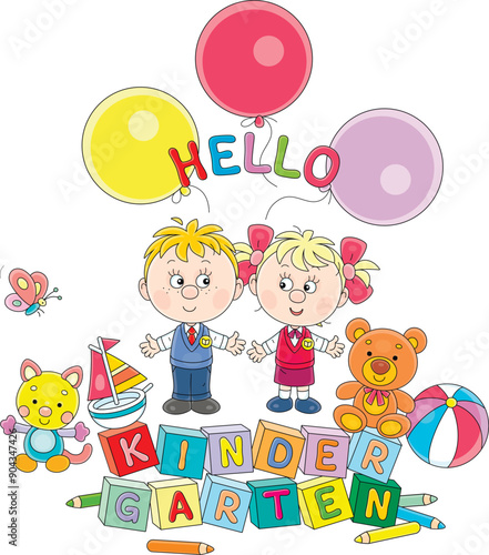 Hello kindergarten card with a funny little boy and girl among their toys going to nursery school, vector cartoon illustration on a white background
