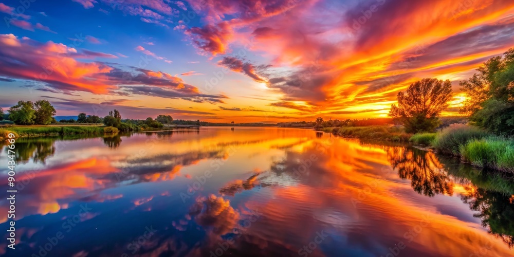 Reflected Sunset Over Still Water, Digital Art, Landscape Photography, Color, Nature, sunset, reflection Reflected Sunset Over Still Water, Digital Art, Landscape Photography, Color, Nature, sunset, reflection