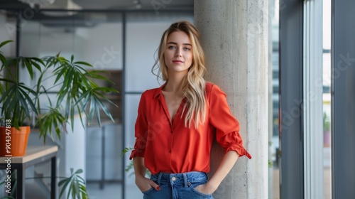 A woman in orange shirt