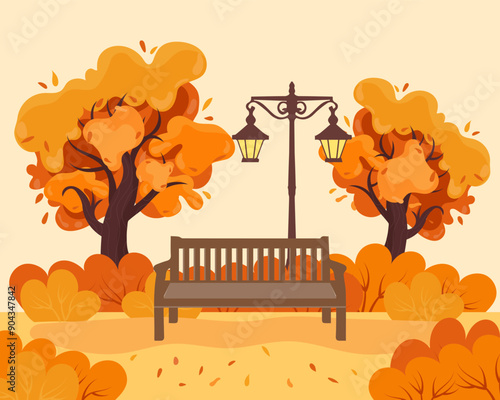 Autumn landscape, park bench and retro lantern among trees and bushes. Illustration, clip art, vector