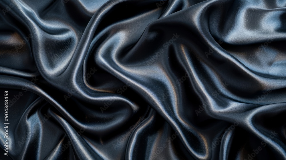 Crumpled black satin fabric with smooth, shimmering texture Crumpled black satin fabric with smooth, shimmering texture