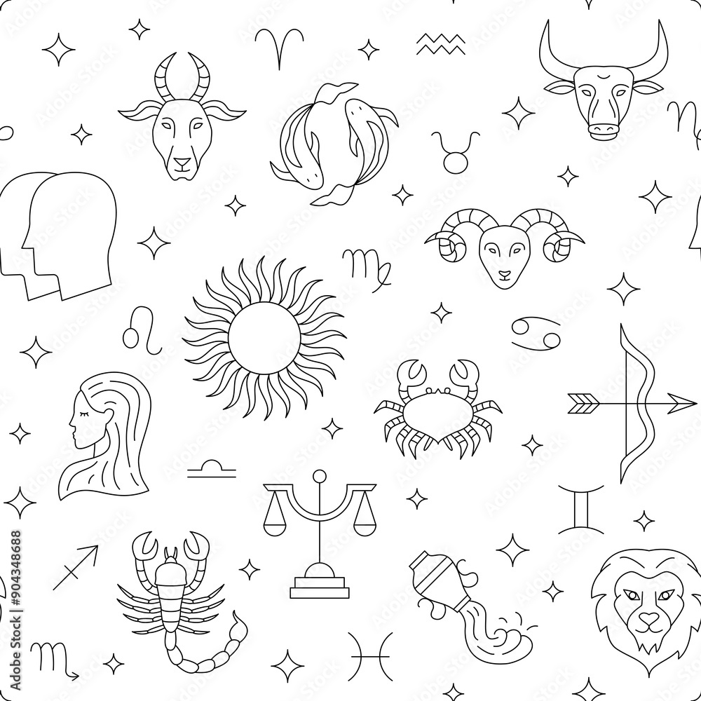 Obraz premium Horoscope Sky Line Seamless Pattern. Illustration of Outline Zodiac Background. 