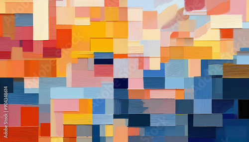  Abstract paper cut backdrop, brush strokes and pixel art pattern background. Random colorful 