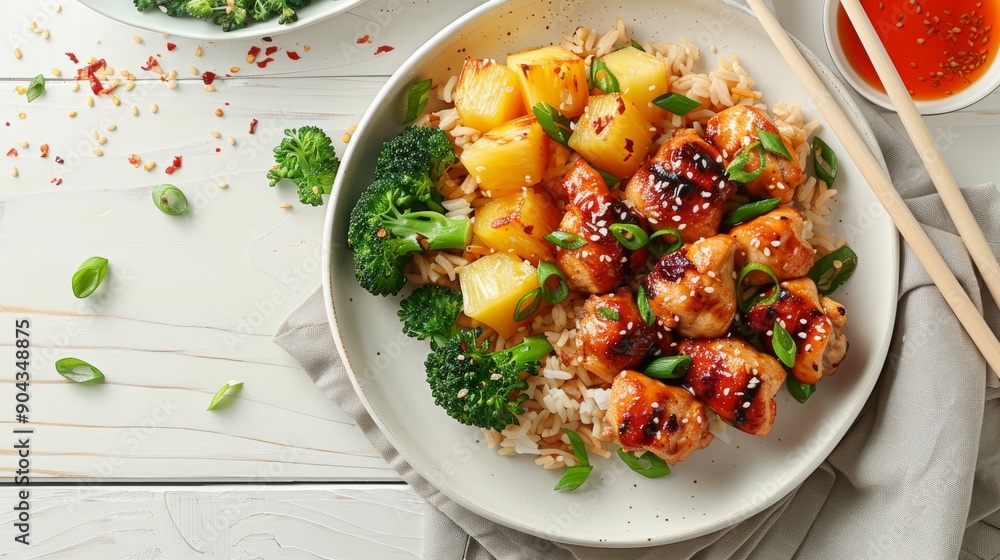 Grilled boneless chicken thighs with pineapple and broccoli on rice served with sauce Grilled boneless chicken thighs with pineapple and broccoli on rice served with sauce