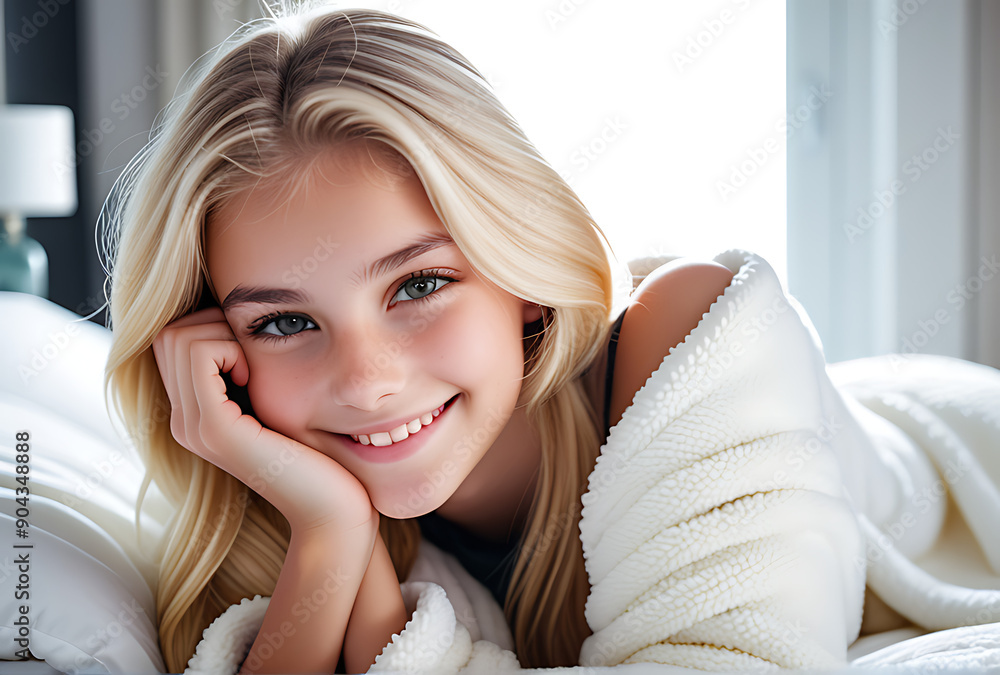 blonde teenager lies white bed fluffy blanket head resting hands smiling enjoys weekend morning blonde teenager lies white bed fluffy blanket head resting hands smiling enjoys weekend morning