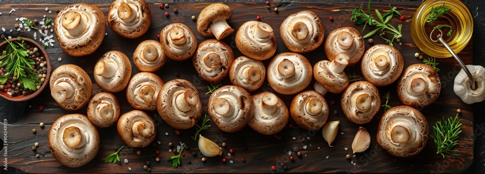 Close-up of roasted brown mushrooms on a wooden cutting board with fresh herbs, garlic, and oil Close-up of roasted brown mushrooms on a wooden cutting board with fresh herbs, garlic, and oil