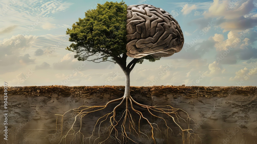 Tree In Brain The image portrays a tree shaped like a human brain growing out of a ...