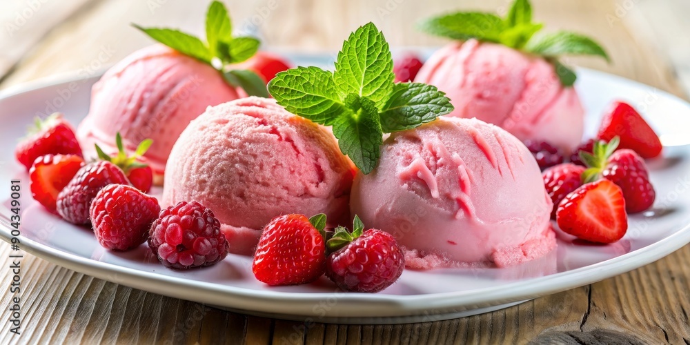 Strawberry Ice Cream with Mint and Berries on a White Plate, Strawberry , Ice Cream , Dessert , Food Photography Strawberry Ice Cream with Mint and Berries on a White Plate, Strawberry , Ice Cream , Dessert , Food Photography