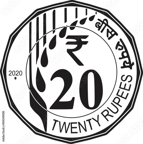 twenty rupee coin india money vector design handmade silhouette.