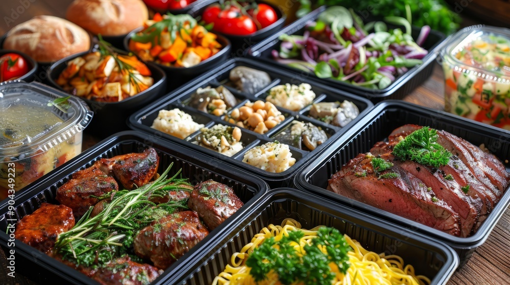 Assorted food delivery packages arranged on table ready for enjoyment Assorted food delivery packages arranged on table ready for enjoyment