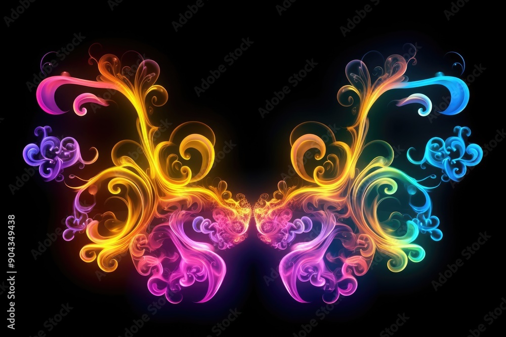Symmetrical abstract neon light swirls on a dark background