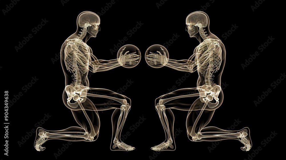 This 3d illustration shows an xray man performing bulgarian split squat at the multipower on a black background This 3d illustration shows an xray man performing bulgarian split squat at the multipower on a black background