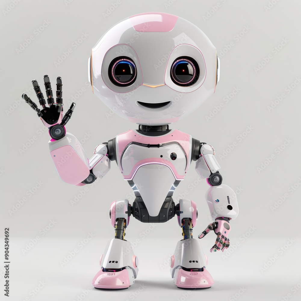 Friendly Pink and White Robot with Waving Hand Friendly Pink and White Robot with Waving Hand