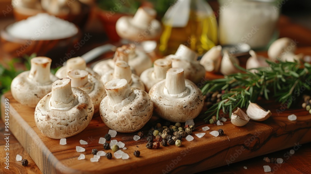 A close-up view of fresh champignons arranged on a wooden cutting board, ready for a gourmet mushroom feast A close-up view of fresh champignons arranged on a wooden cutting board, ready for a gourmet mushroom feast