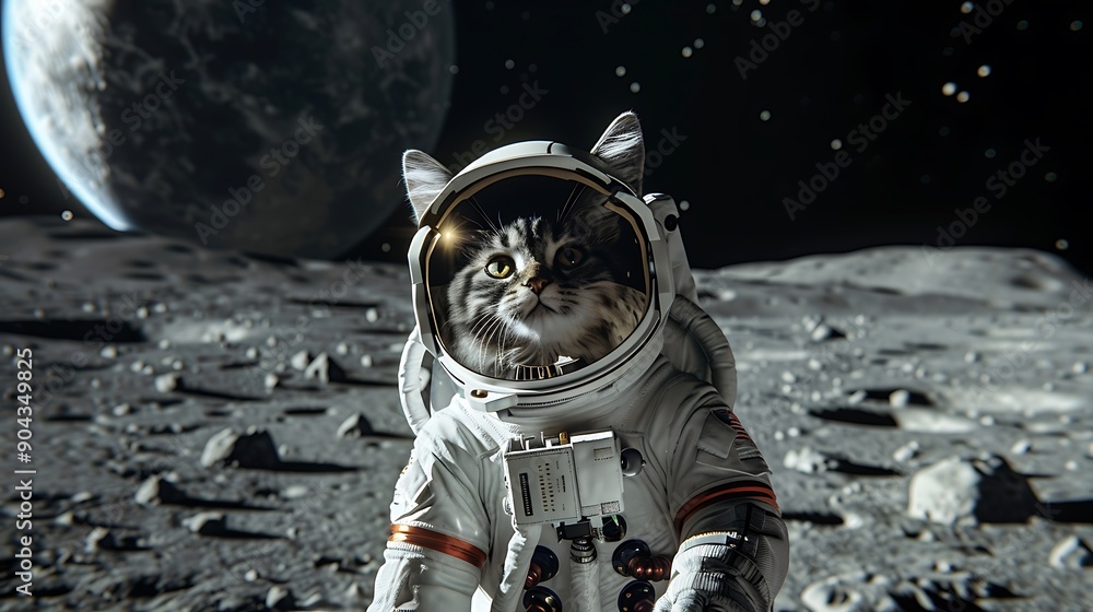 Spacesuit wearing astronaut cat investigating the moon surface