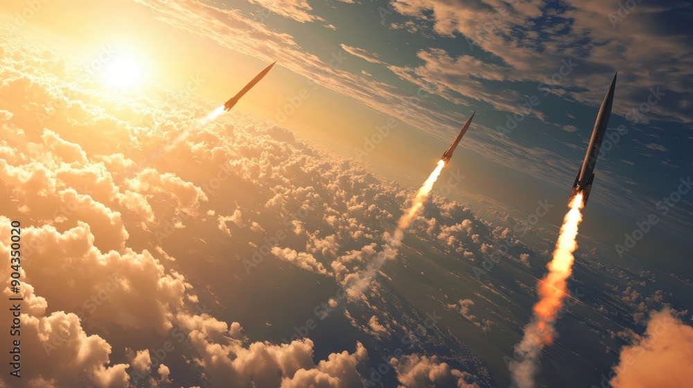 Naklejka premium Three rockets launching through a cloudy sky with the sun in the background