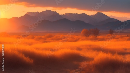 A steppe covered with dry grass, a plain and mountains in the distance on a sunny day in the fall