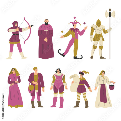 Medieval People Character in Standing Pose Wear European Costume Vector Set