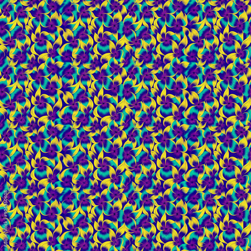 Vibrant floral pattern in bright yellow and blue hues on a dark background Vibrant floral pattern in bright yellow and blue hues on a dark background