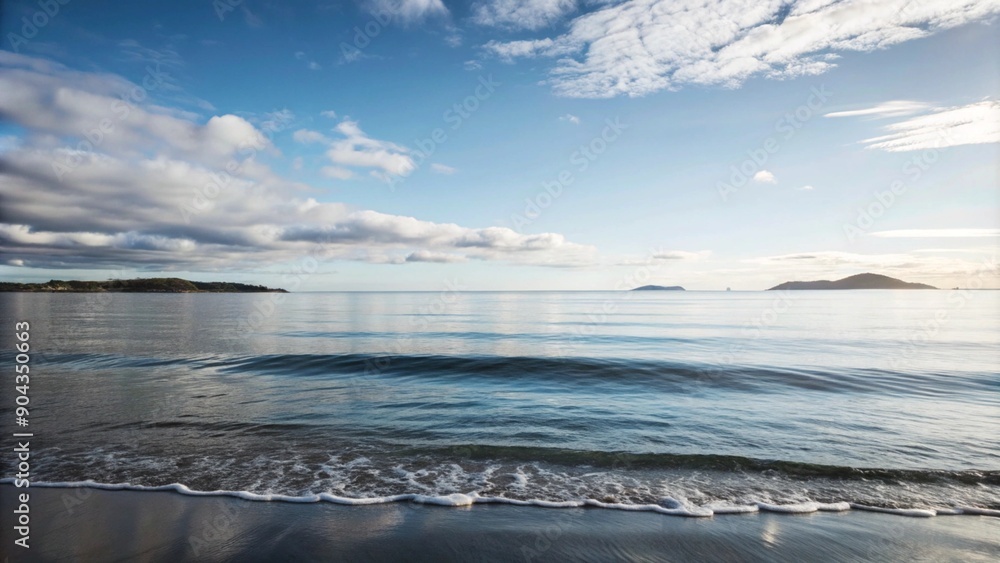 Fototapeta premium Calm ocean waves lapping on a sandy shore under a clear blue sky.