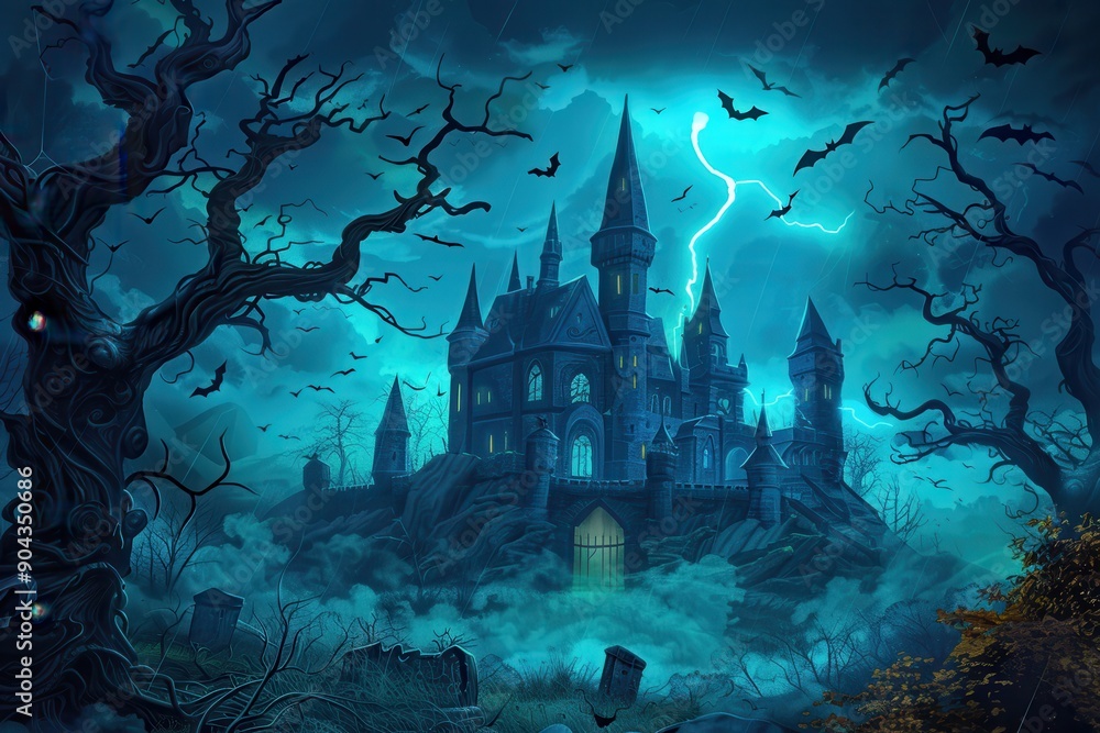 Obraz premium A dark, ominous castle with bats flying around, set against a stormy night sky with lightning