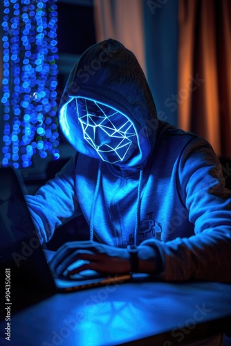 Hacker In A Neon Mask Typing On A Laptop In The Dark