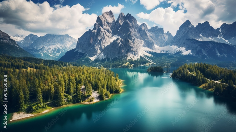 Fototapeta premium Aerial view of lago antorno surrounded by majestic dolomites and alpine peaks in misurina near cortina d'ampezzo, italy - tranquil lake mountain landscape