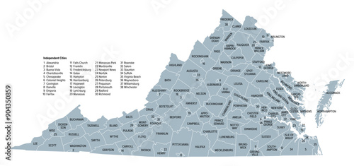 Virginia, U.S. state subdivided into 95 counties and 38 independent cities, gray political map. Commonwealth of Virginia, a state in the Southeastern and Mid-Atlantic regions of the United States.