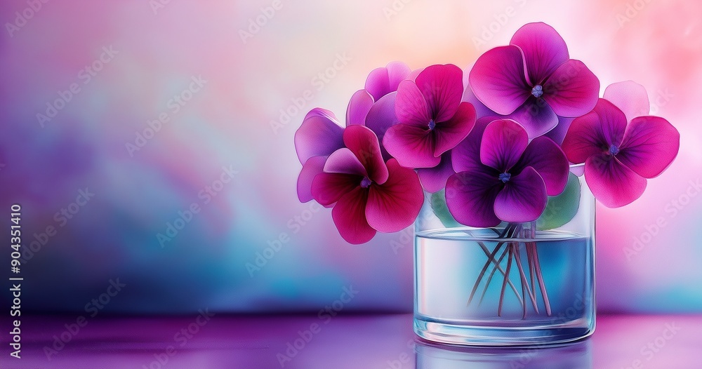illustration of a bright pink purple flowers in the glass vase. 