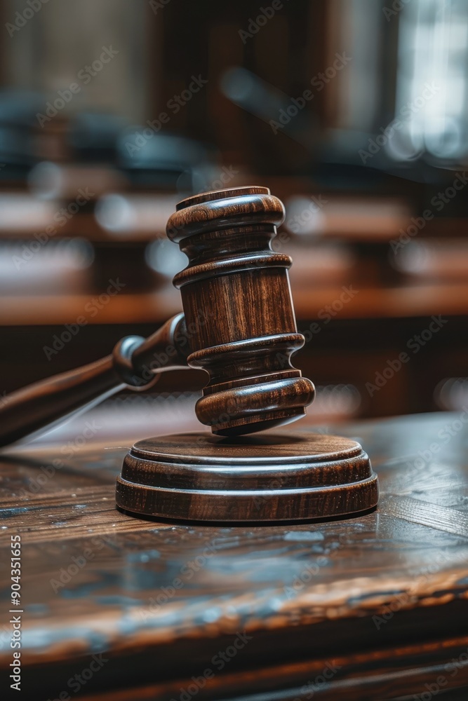 A wooden gavel sits on a wooden base. The gavel is a symbol of authority and power, often used by judges and lawyers in courtrooms. Concept of seriousness and formality A wooden gavel sits on a wooden base. The gavel is a symbol of authority and power, often used by judges and lawyers in courtrooms. Concept of seriousness and formality