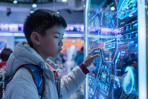 Curious Schoolboy Interacts with Futuristic Technology at a Dynamic Exhibition