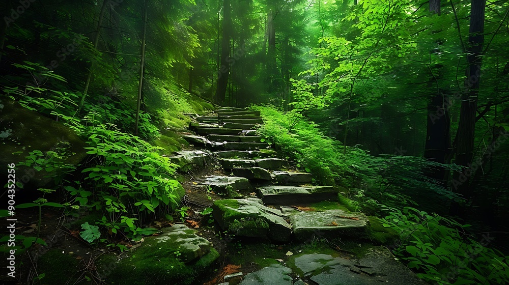 Steps made of stones winding through a verdant forest Steps made of stones winding through a verdant forest
