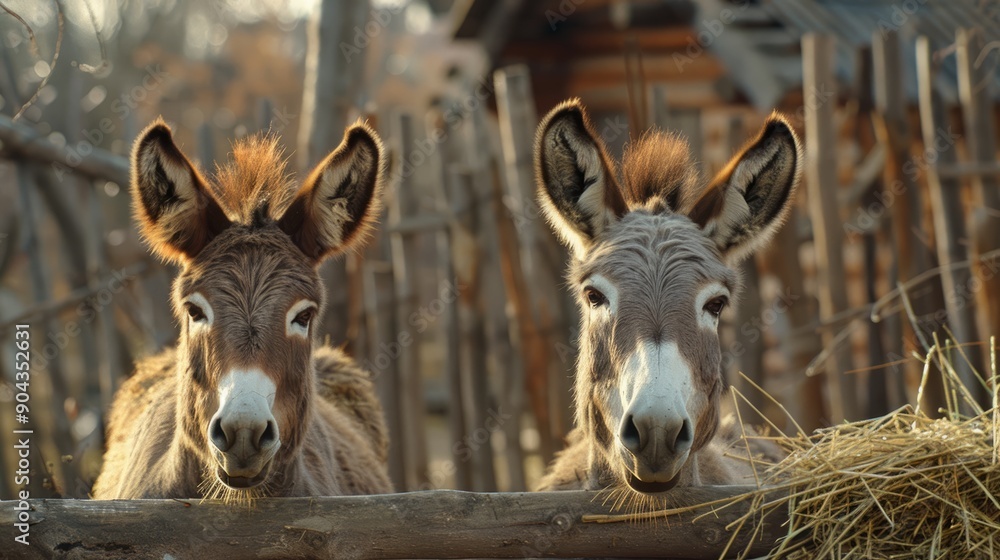 Donkeys eating hay by wooden fence at farm Donkeys eating hay by wooden fence at farm