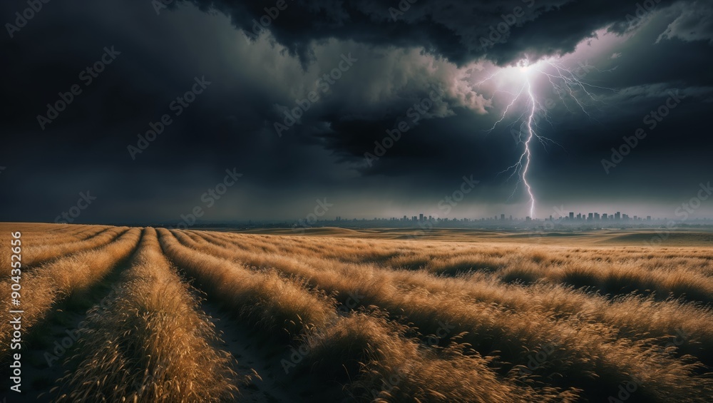 A dramatic lightning strike brightens the dark sky above golden fields as a storm approaches A dramatic lightning strike brightens the dark sky above golden fields as a storm approaches