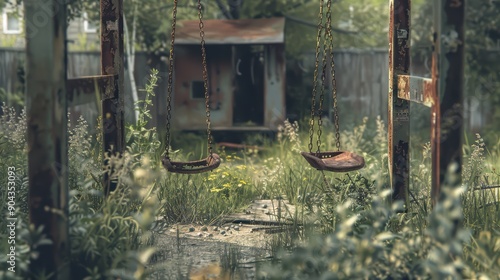 An old playground with rusty swings and a cracked slide photo