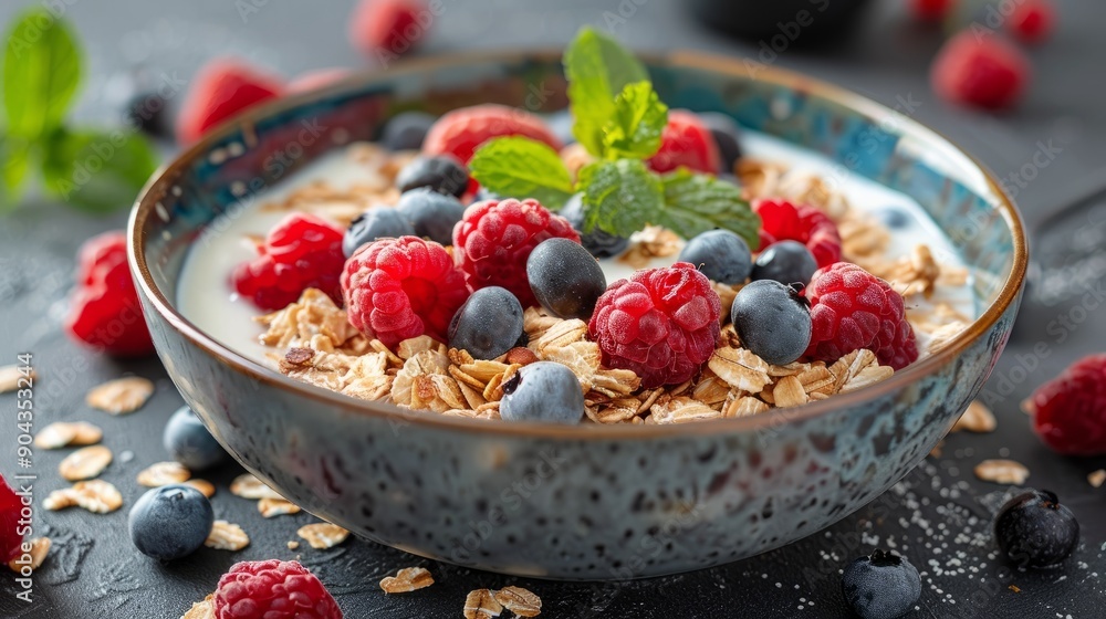 Healthy breakfast bowl with muesli, milk, and fresh berries decorated with mint Healthy breakfast bowl with muesli, milk, and fresh berries decorated with mint