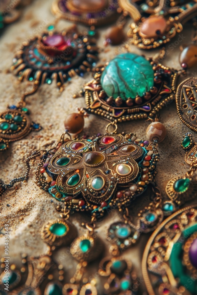 Intricate Traditional Desert Jewelry with Colorful Gemstones on Sandy Surface for Artistic Displays Intricate Traditional Desert Jewelry with Colorful Gemstones on Sandy Surface for Artistic Displays