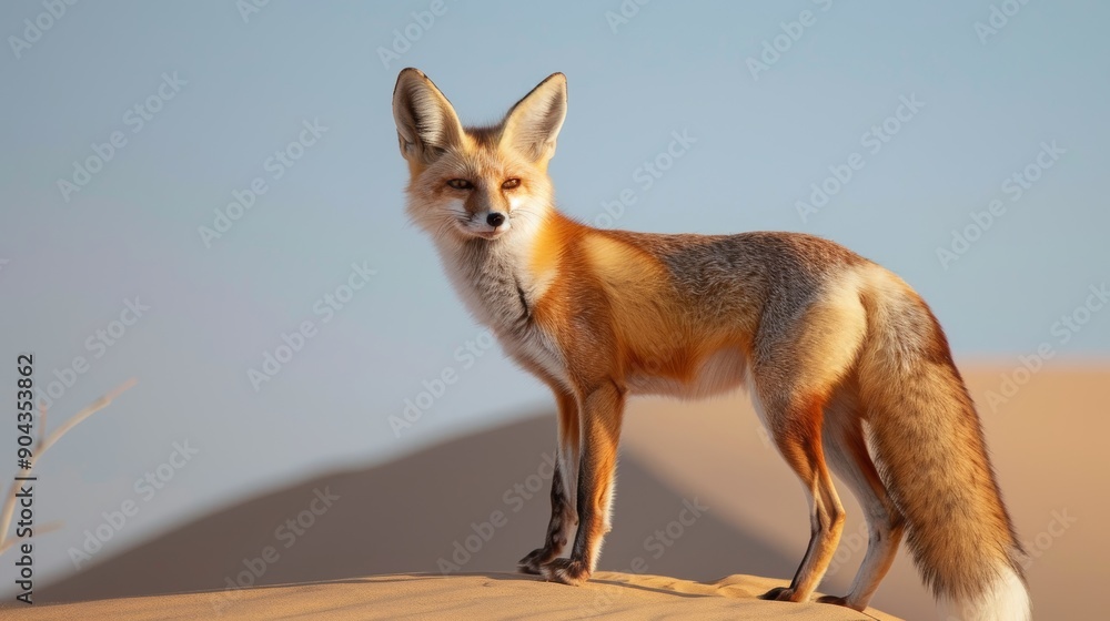 Fototapeta premium Majestic Desert Fox on Sandy Dune Under Clear Blue Sky - Wildlife and Nature Photography