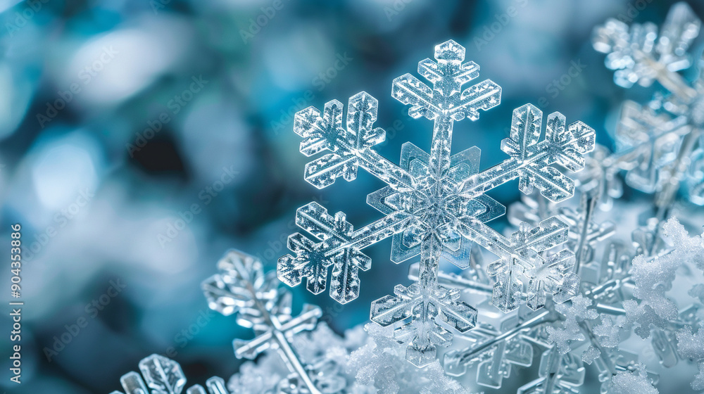 Close-up of a snowflake with abstract, intricate patterns and frosty textures Close-up of a snowflake with abstract, intricate patterns and frosty textures