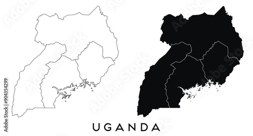 Uganda map of regions districts vector black on white and outline