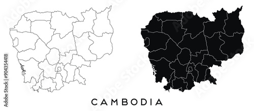 Cambodia map of regions districts vector black on white and outline