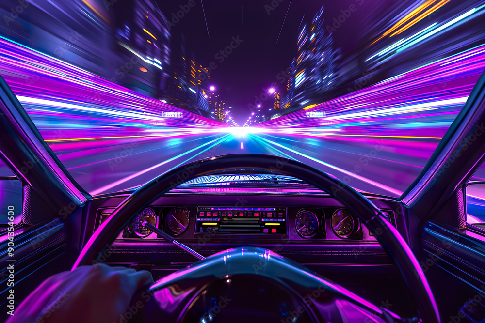 A car is driving down a highway with a bright purple sky in the background. A car is driving down a highway with a bright purple sky in the background.
