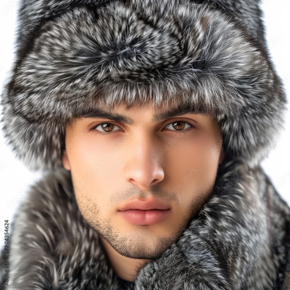 Medium shot of man in a hat with earflaps and a fur coat, frame by torso, isolated on a white background, Medium shot of man in a hat with earflaps and a fur coat, frame by torso, isolated on a white background,