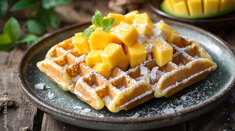 Belgian waffles topped with fresh mango slices and a sprinkle of coconut flakes Belgian waffles topped with fresh mango slices and a sprinkle of coconut flakes