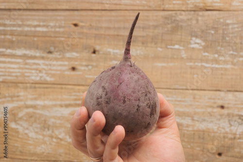 A Beautiful Vibrant Beetroot Being Held in Hand Against a Detailed Rustic Background