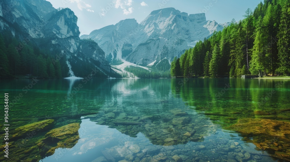 Naklejka premium Autumn landscape with mountains and a wild lake in the Alpen with Bergen at the Lake