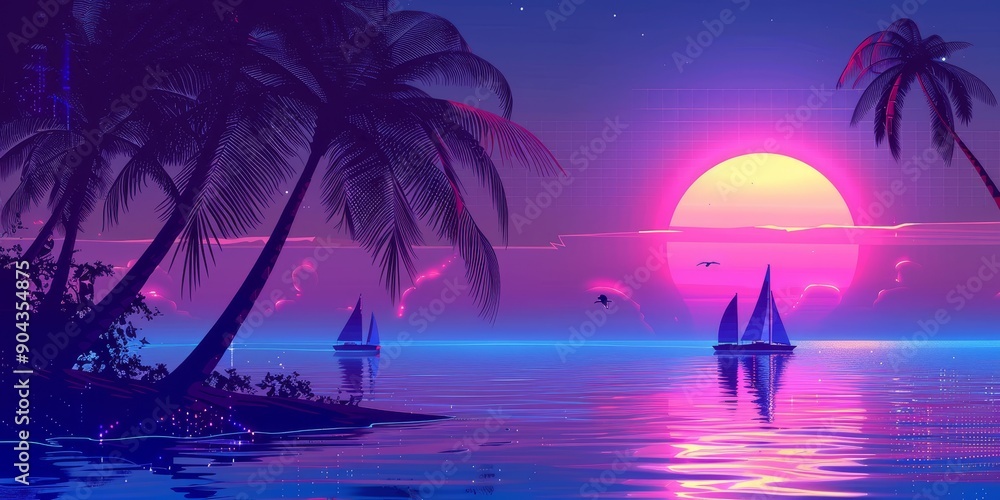 Fototapeta premium Vaporwave neon palm with sun and tropical beach. Holographic retro cyberpunk paradise. Exotic poster. Violet pink miami ocean, summer and 80s glow sky