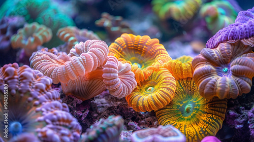 Close-up of a coral reef with abstract, vibrant underwater colors and patterns