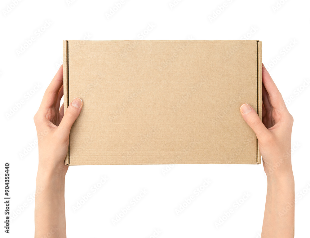 female hands holding cardboard box on white isolated background, top view female hands holding cardboard box on white isolated background, top view